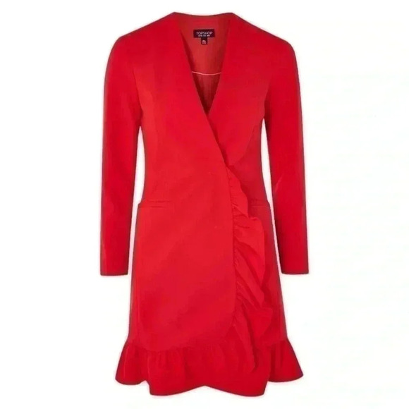 Topshop Blazer Dress Ruffle Edge Long Sleeve
Mini Red Size 4 NWOT - Picture 1 of 16